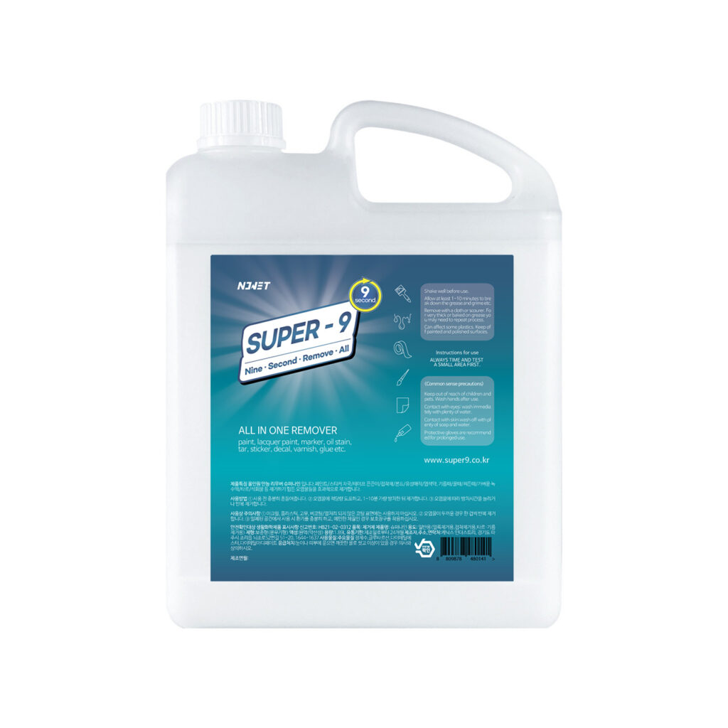 Super-9 eco-friendly water-based formula – a strong and odorless all-purpose remover effective as a sticker remover, paint remover, adhesive remover, ink remover, rust remover, tar remover, tree sap remover, wallpaper remover, water spot remover, limescale remover, grease remover, grime remover, and versatile for kitchen and bathroom cleaning.