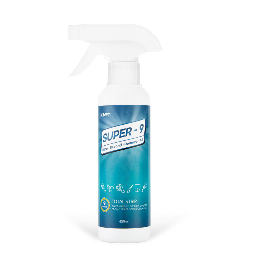 Super-9 odorless water-based cleaner – a powerful all-in-one multipurpose remover that acts as a sticker remover, paint remover, adhesive remover, ink remover, rust remover, tar remover, tree sap remover, wallpaper remover, water spot remover, limescale remover, grease remover, grime remover, and also works as a bathroom and kitchen cleaner.