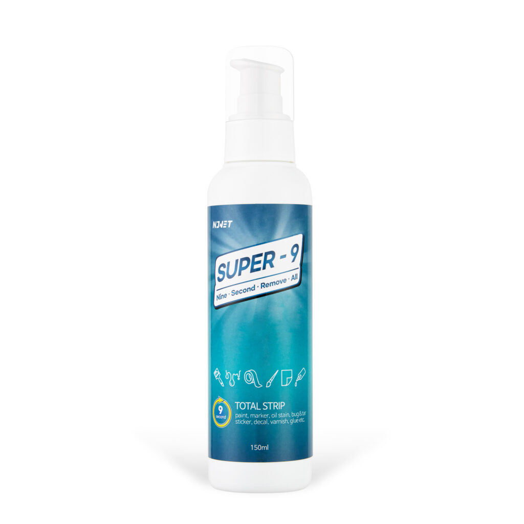 Super-9 all-in-one multipurpose remover – water-based, odorless, and powerful; works as a sticker remover, paint remover, adhesive remover, ink remover, rust remover, tar remover, tree sap remover, wallpaper remover, water spot remover, limescale remover, grease remover, grime remover, and can also be used as a kitchen cleaner and bathroom cleaner.